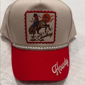 Red and Cream Cowboy Embroidered Cap